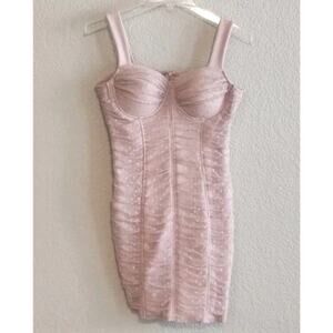 Haute Monde Ruched Polka Dot Dusty Pink Mesh Bustier Bodycon Dress Large